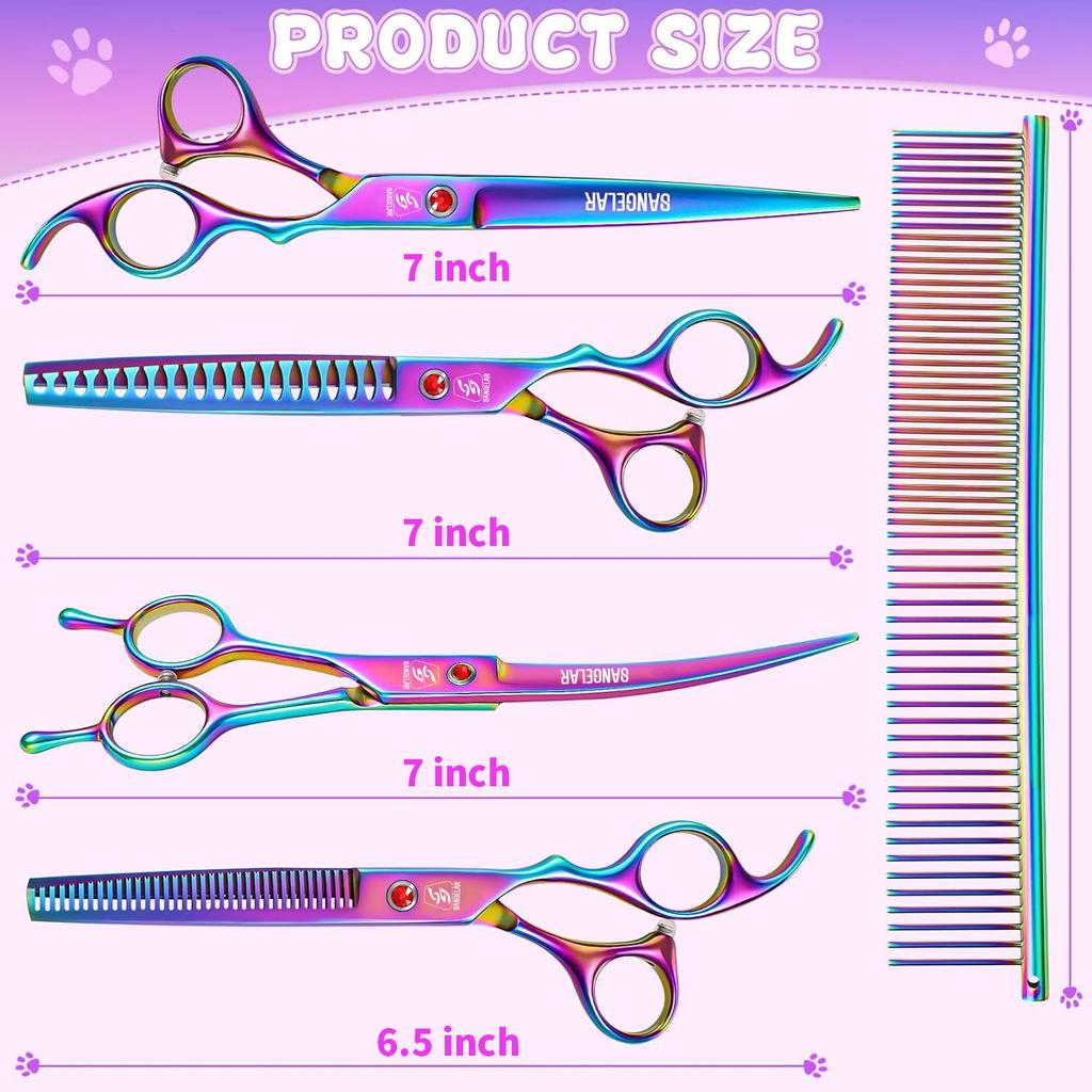 SANGELAR Pet Grooming Scissors Set,Includes Straight, Curved, and Thinning Shears, 20%-55% Fur Thinning, Available In Round Tip Options