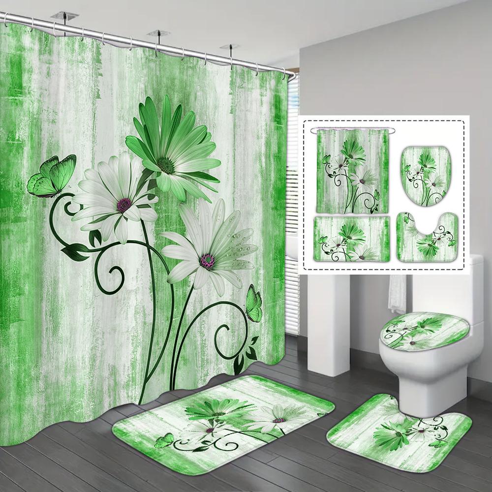 4-piece Set of Blue White Jade Orchid Waterproof Printed Shower Curtains with 12 Hooks, Bathroom Floor Mats