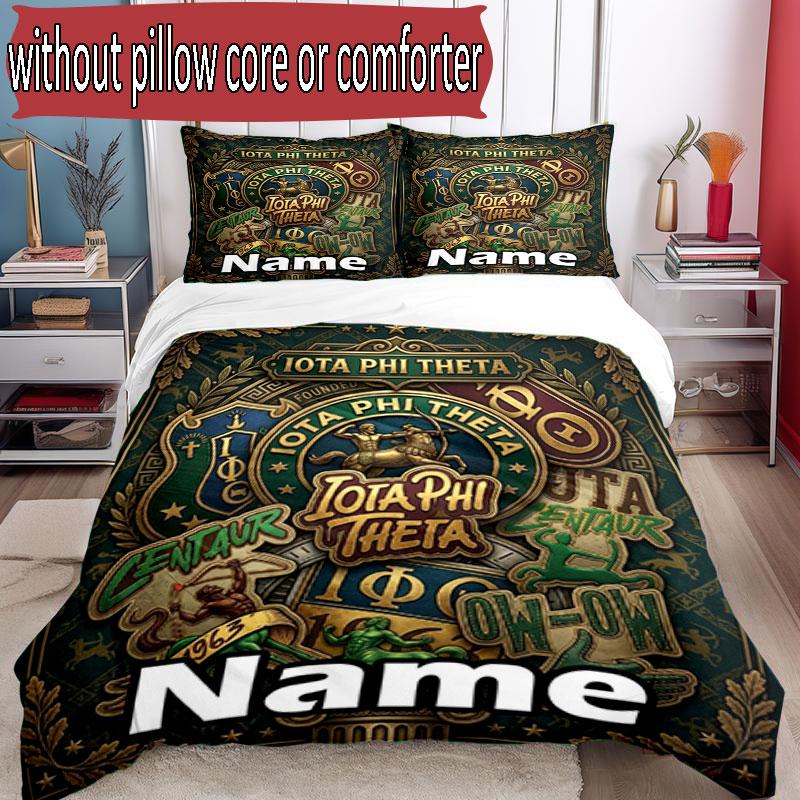 3pcs Duvet Cover Set (1*Duvet Cover + 2*Pillowcase, Without Core), Custom Name Iota Phi Theta Pattern Bedding Set, Home Bedroom Decor Gift