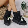 Fashion Floral Bowtie Lace Up Ankle Boots Women Cotton Padded Thicken Plush Snow Boots Plus Size Thick Sole Chunky Platform Cotton Boots