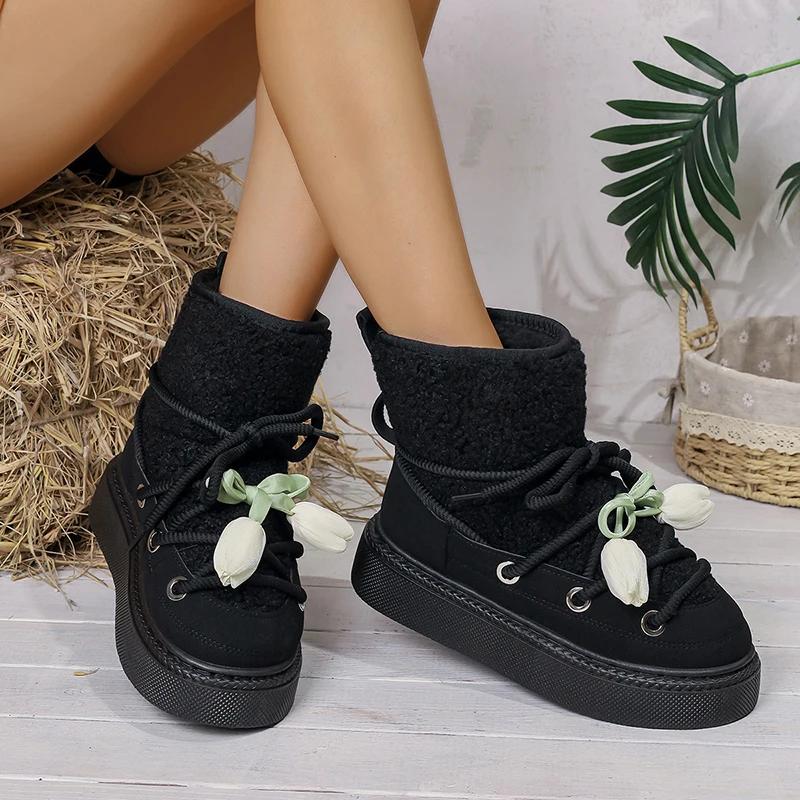 Fashion Floral Bowtie Lace Up Ankle Boots Women Cotton Padded Thicken Plush Snow Boots Plus Size Thick Sole Chunky Platform Cotton Boots