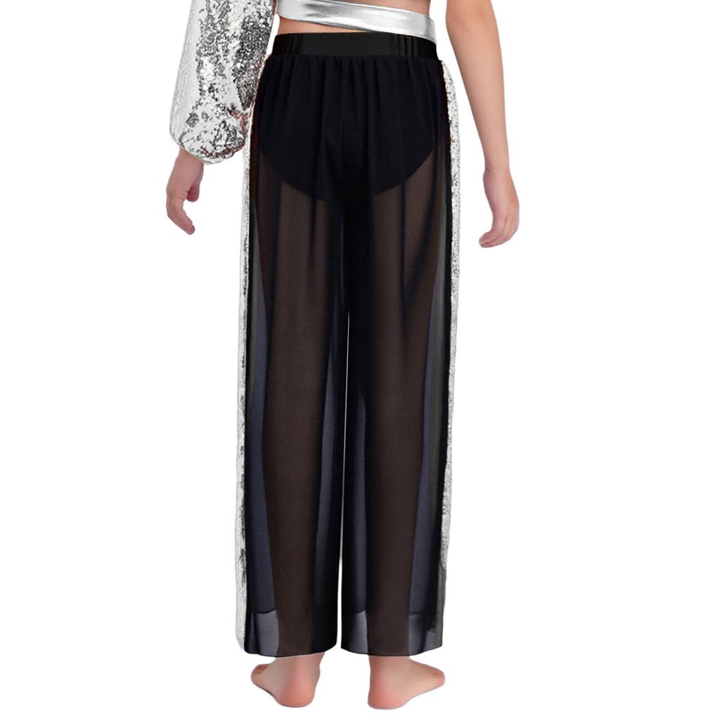 Wedstrijddansbroeken voor meisjes: Elastische Taille Pailletten Patchwork Chiffon Wijde Pijpen Broek voor Lyrische Optredens