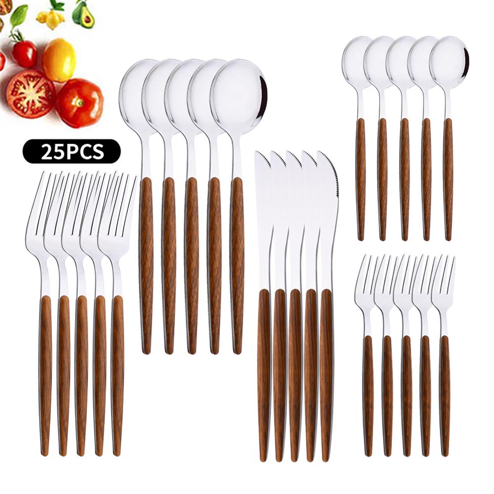 

25Pcs Stainless Steel Imitation Wooden Handle Cutlery Set Dinnerware Clamp Western Tableware Knife Fork Tea Spoon Flatware Set