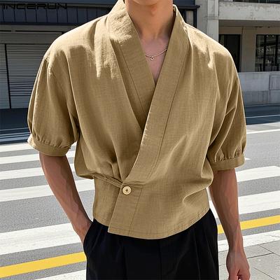 Men Summer Short Sleeve Front Cross Solid Short Tops T-shirts