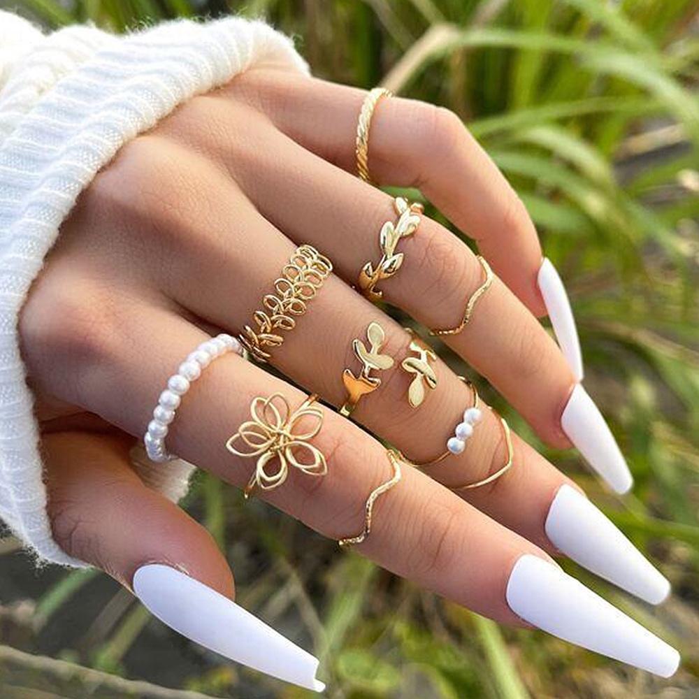 iF ME Retro Zircon Ring Set Moon Heart Flower Gold Silver Rings for Women Jewelry Accessories