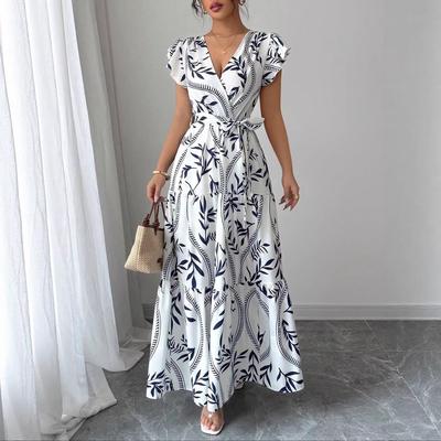 2025 Spring/Summer V-neck Ruffle Print Slimming Long Dress
