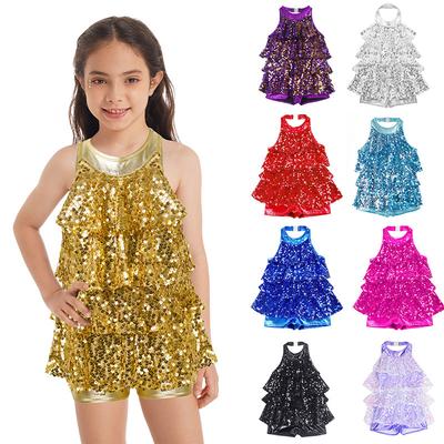 Kids Girls Sleeveless Shiny Sequins Halter Tassel Latin Dress Jazz Salsa Samba Rumba Dance Costumes