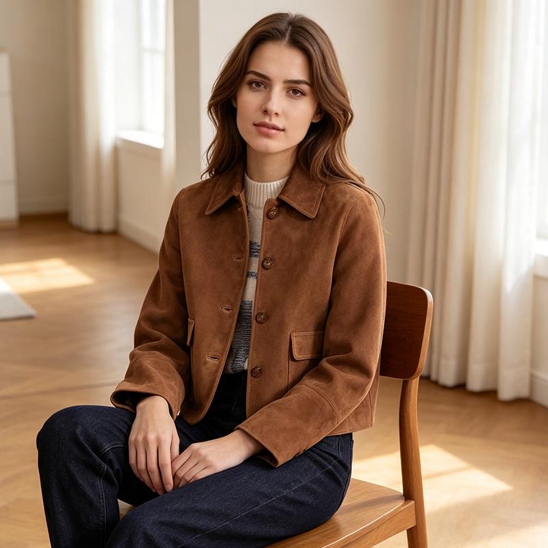 Women Tan Faux Suede Crop Jacket Collar Button Front Flap Pockets Vintage Fall Coat