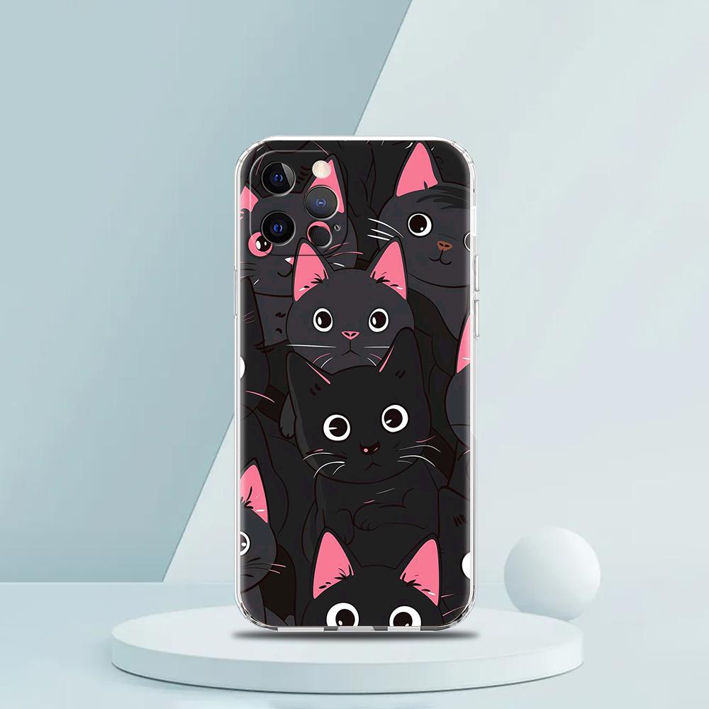 Cute Cartoon Black Cat Luxury Phone Case For iPhone 16 15 14 13 12 11 Pro Max XS X XR SE 7 8 Plus Soft Silicone Clear Cover