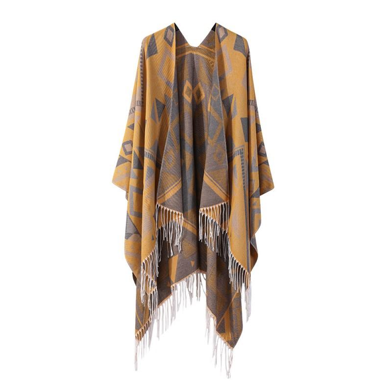 Bohemian Style Knitted Shawl With Fringe Geometric Warm Faux Cashmere Wrap Scarf Women