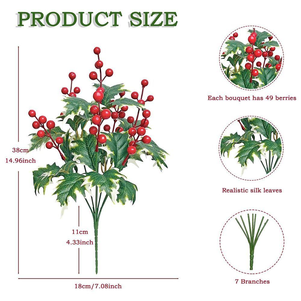 7Branches Artificial Christmas Berry Green Holly Leaves Red Berries Christmas Decorations Photo Props Desktop Oranment