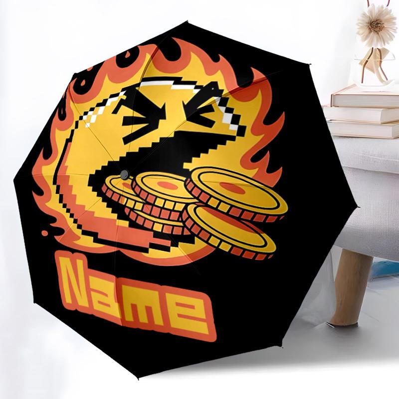 1PC PacMan Flaming Coins - Custom Name Automatic Folding Umbrella - Compact 8-Rib Design, Durable Plastic & Iron, Daily Use S0106012