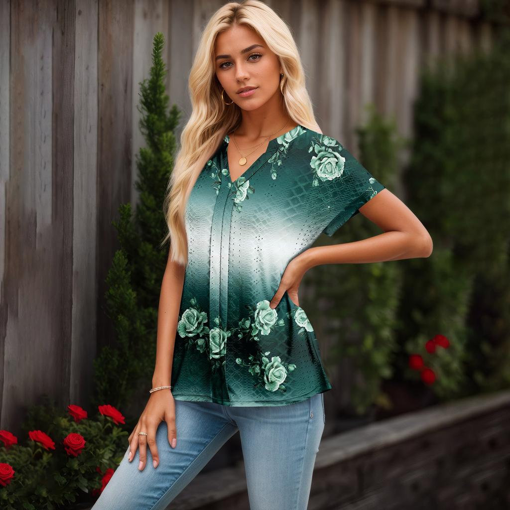 Womens Tops Short Sleeve V T-Shirt Blouse Dressy Causal Printing  Eyelet Embroidery Summer Fashion Clothes