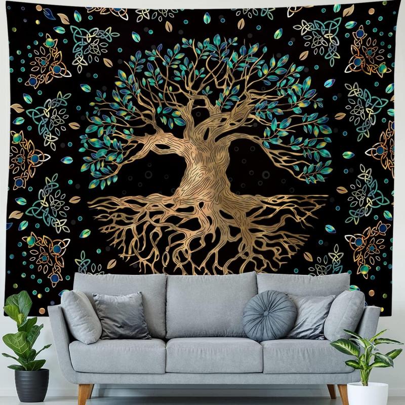 VIKAMA Tree of Life Black Gold Tapestry Blue-Green Gradient Esoteric Artwork Living Room & Bedroom Feature Wall Decoration