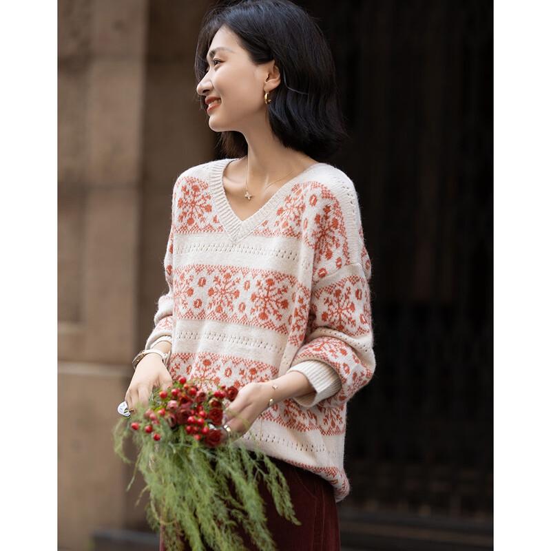 Demana Women's V-Neck Snowflake Jacquard Knit Sweater