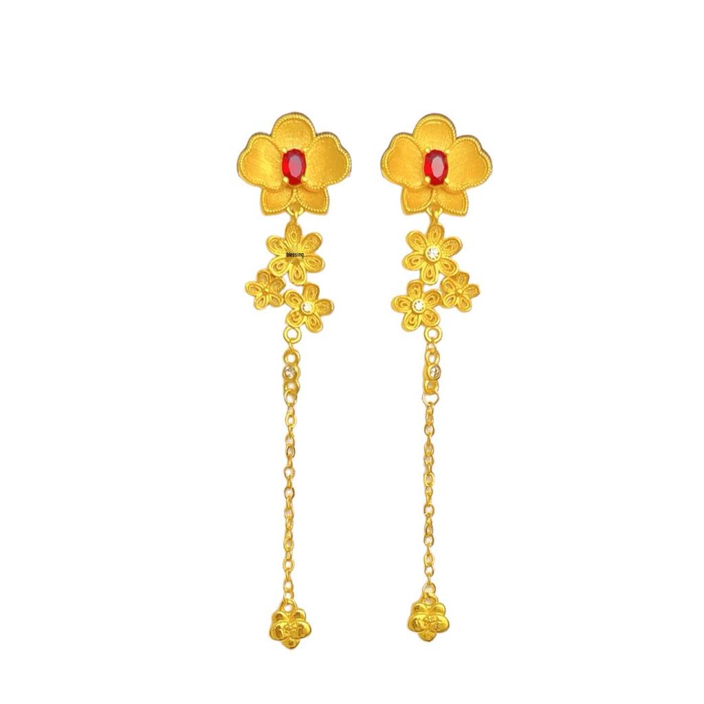 Xiaohongshu-Inspired Luxurious Gold Silk Flower Tassel Earrings for Women