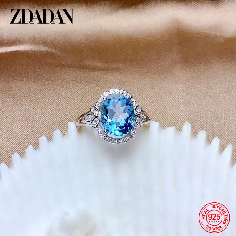 925 Silver Blue Oval Zircon Ring for Women Girls Fashion Jewelry