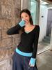 Korean Fake Two Contrasting Color V-neck Long-sleeved T-shirt Women's Autumn New Inner Bottoming Shirt Temperament Beautiful Top