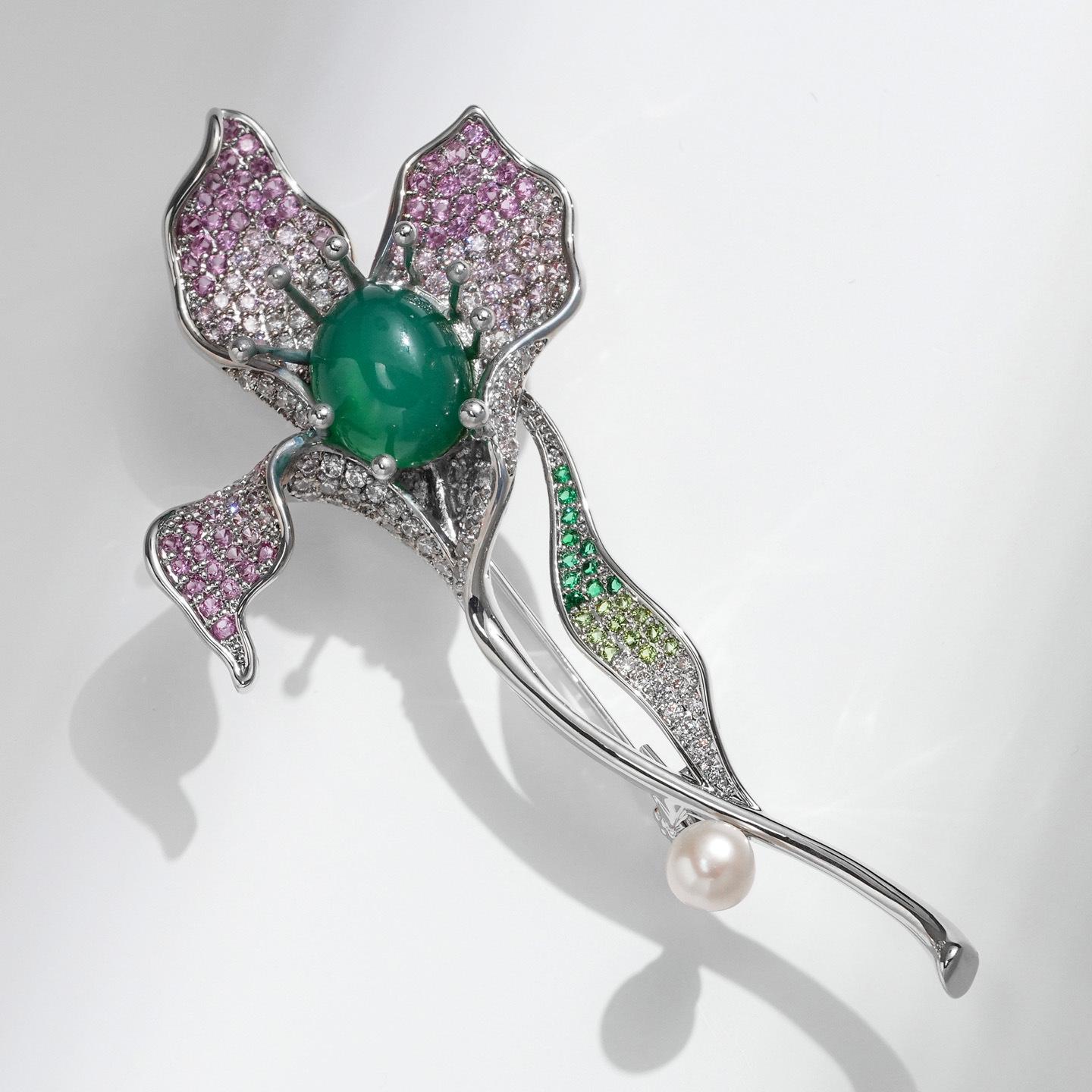 Bo Xin Yun Green Agate & Freshwater Pearl Orchid Brooch - New Design Jewelry