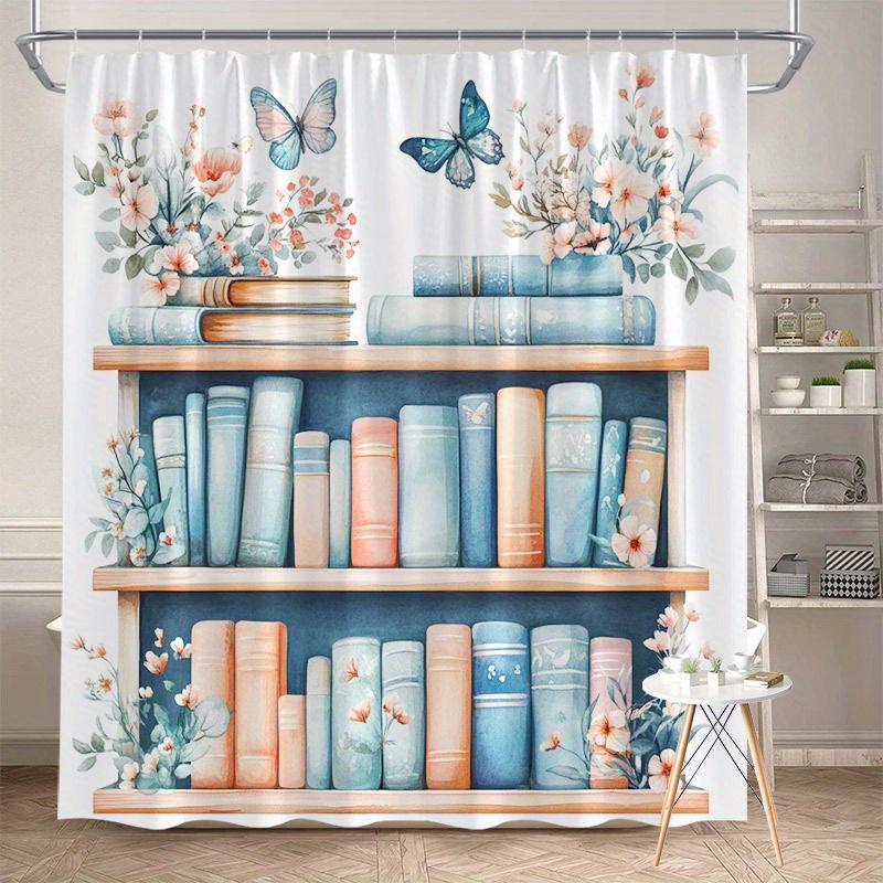 Vintage Bookshelf Shower Curtain – Watercolor Illustration with Wooden Shelves & Pink Flowers, Polyester with Hooks W90xH180cm