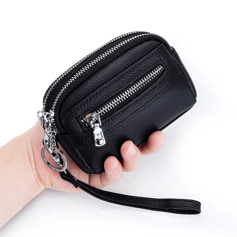 Women's Mini Clutch: Double Zipper Genuine Leather Coin Purse with Large Capacity - First Layer Cowhide