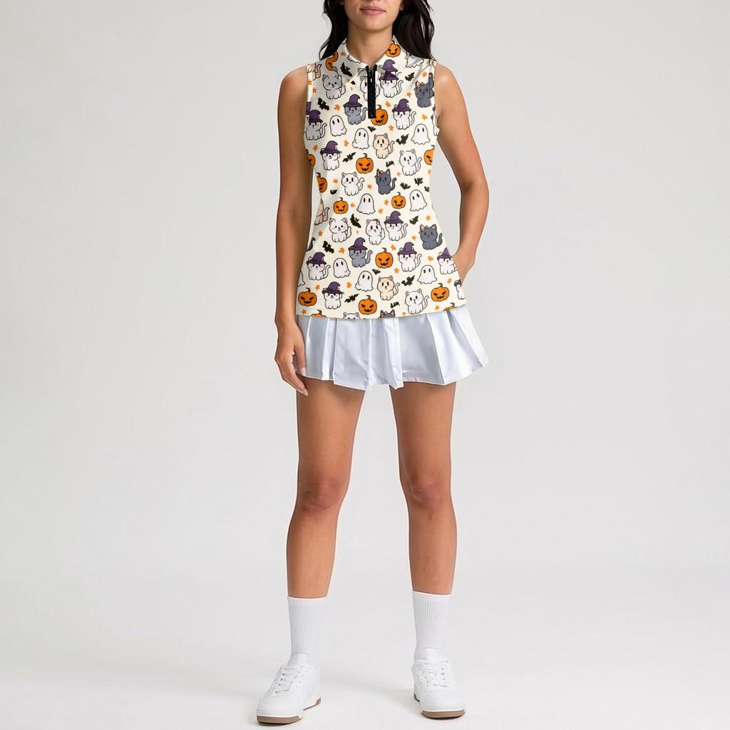 Women's Sleeveless Golf Shirt with Zipper and Collar, Halloween Print Casual Sport Tank Top