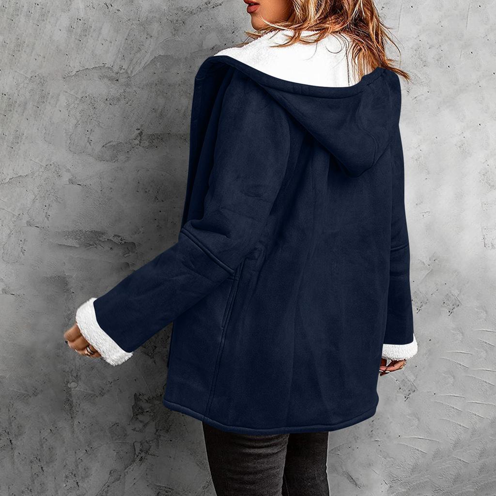 Women's Button Suede Long Windbreaker Coat Warm Long Sleeve Jacket Hooded Coat