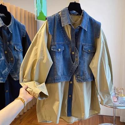 Damen Patchwork Denim Hemd Blusas Mujer De Moda Casual Y2k Oberteile