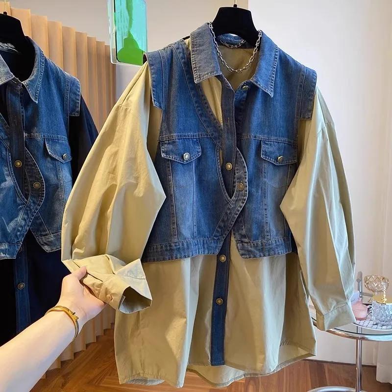 

Женская джинсовая рубашка в стиле пэчворк, модные повседневные топы Y2k M