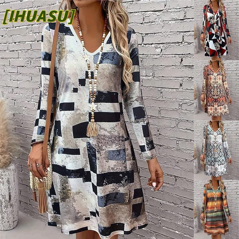 IHUASU Fashion Autumn Winter Long Sleeve V-Neck Casual Dresses