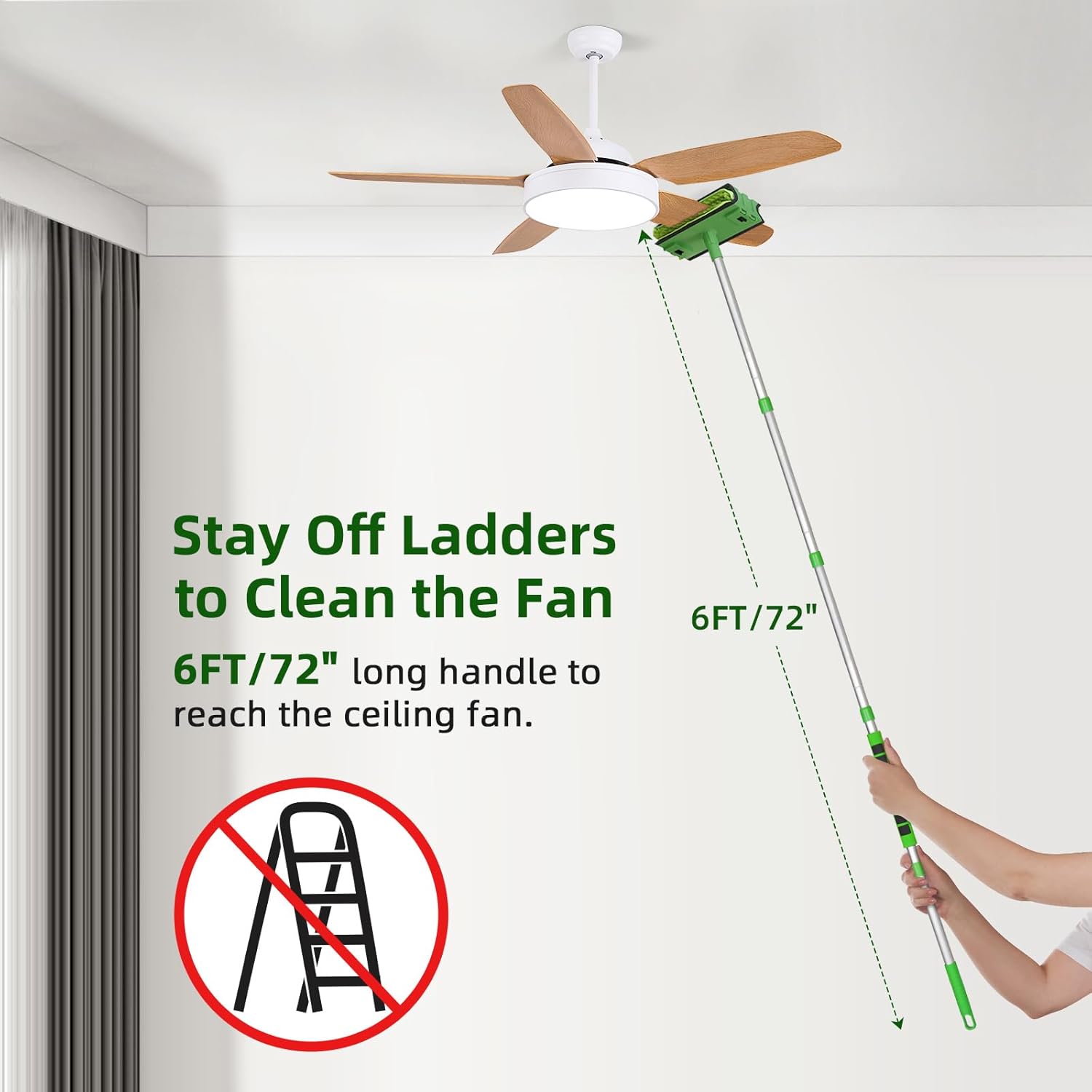 Ceiling Fan Cleaner Duster with 6 Ft/72   Extension Pole High Ceiling Fan Blade Cleaning Tool Microfiber Duster Reusable Pads for Cleaning Ceiling