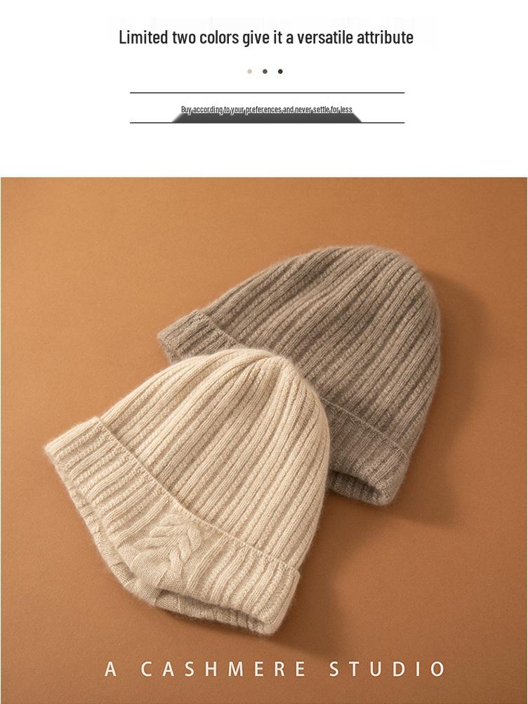 Women's British Style Pure Cashmere Knitted Hat: Solid Color, Ear Protection, Warm for Autumn and Winter.