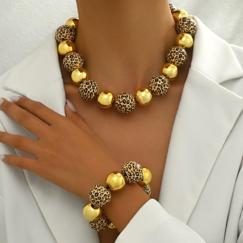 Handmade Wooden Beaded Necklace Set With Leopard Print Accents Boho Chic Statement Collar Chain Women Fall Winter