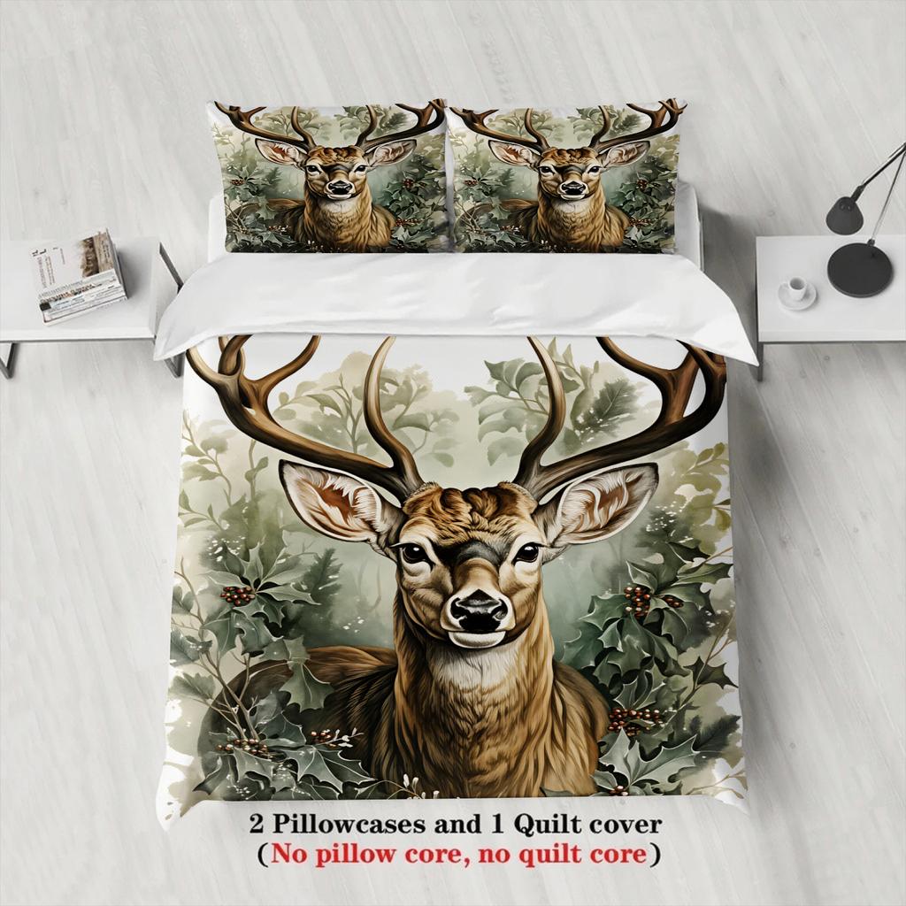 Watercolor Vivid Deer And Plants Printed 3pcs Duvet Cover Rustic Animal Style 100% Polyester Bedding Sets Double/Queen Size