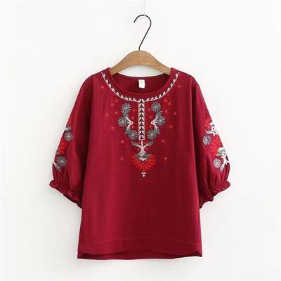 Large Retro Pure Cotton Five Quarter Sleeve T-shirt for Women In Summer Loose Slimming Fashionable Artistic Embroidery Top