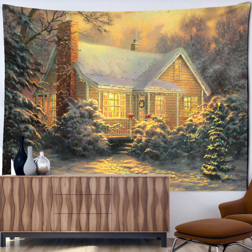 Christmas City Oil Painting Tapestry Wall Hanging Bohemian Hippie Tapez Christmas Festival Art Bedroom Living Room Home Decor