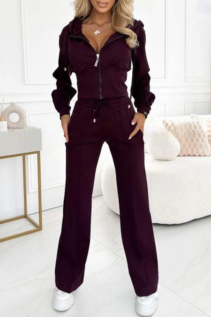 

2024 Autumn/Winter European & American Hooded Zipper Jacket Bodycon Solid Color Two-Piece Set 2XL