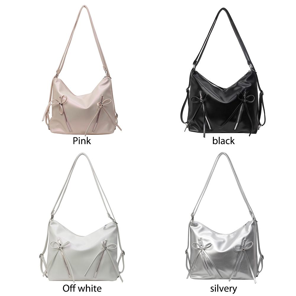 Cute Bow Designer Tote Bag PU Leather Trendy Crossbody Bag Solid Color Casual Daypack with Zipper Satchel Purse