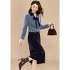 Kobeier Faux Mink Velvet Bow Lapel Top & Straight Skirt Set