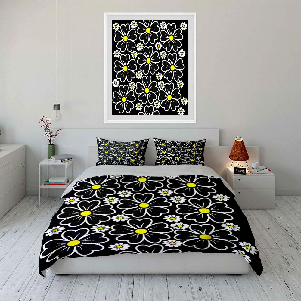 Large daisies, black background. Bedding sets Duvet cover sets Duvet covers Pillowcases(1*Duvet Cover 2*Pillowcases without duvet insert)