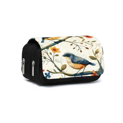 Bird Print Double Layered Flip Pen Case for Boy/Girls Best Gifts 2D Cartoon School Supplies Pencil Case for Children