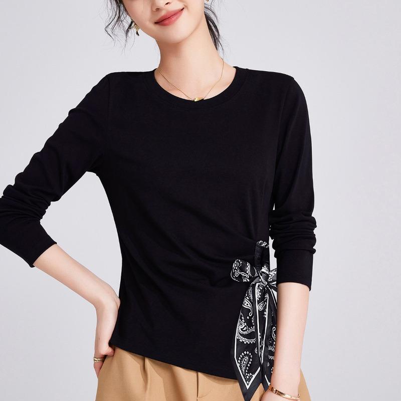 

Премиальный сенс переднее плечо длинный рукав женский весна и осень новый шелковый шарф топ на бретелях футболка женская XXXL чёрный