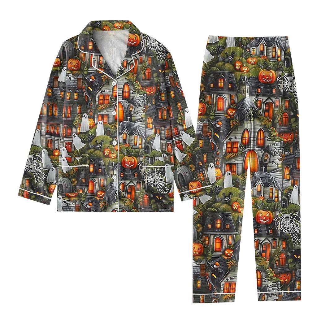 2-teiliger bedruckter Damen-Anzug, langärmelig, Oberteil mit Knopfleiste, weite Hosen, Anzug-Set, Schlafanzug, Home-Casual-Anzug