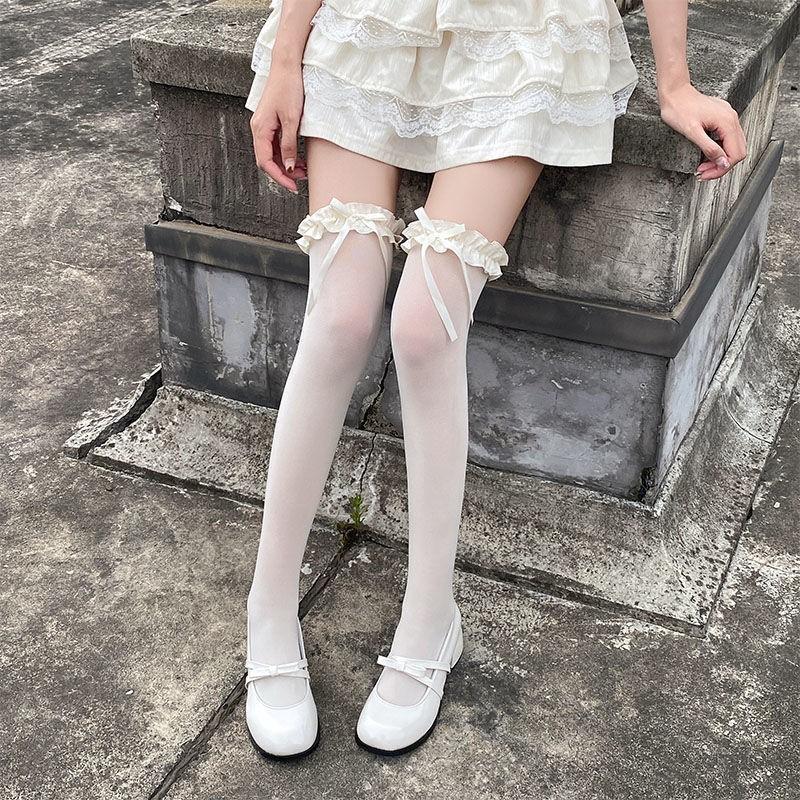 Japanese Velvet Knee Socks Spring and Summer Thin Lace Hold-Ups Pure Desire Wind Long Tube GirlJKUniform Lace Butterfly