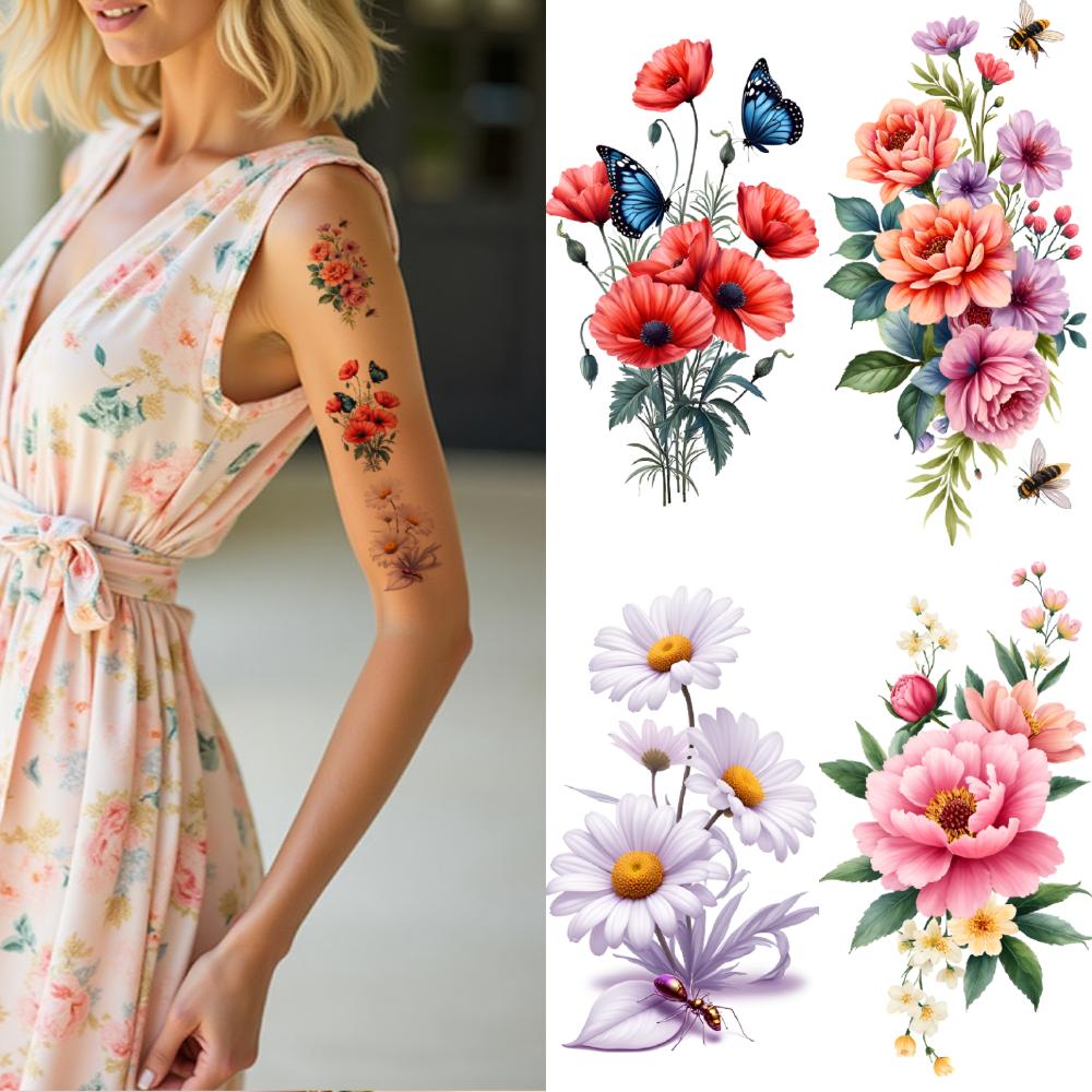 9 pièces Tatouages Temporaires Floraux Jetables Autocollants Tatouage Fleur Temporaire Femmes Fille Art Corporel Cosplay Fête Tatouage Coloré