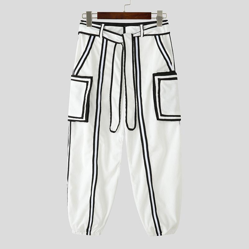INCERUN Men Autumn Belt Zip-up Waist Stitching Corduroy Harem Pants Trousers
