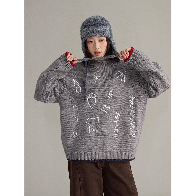 Japanese Atmosphere Retro Cartoon Jacquard Round Neck Women's Wool Sweater - New Winter Style N965C