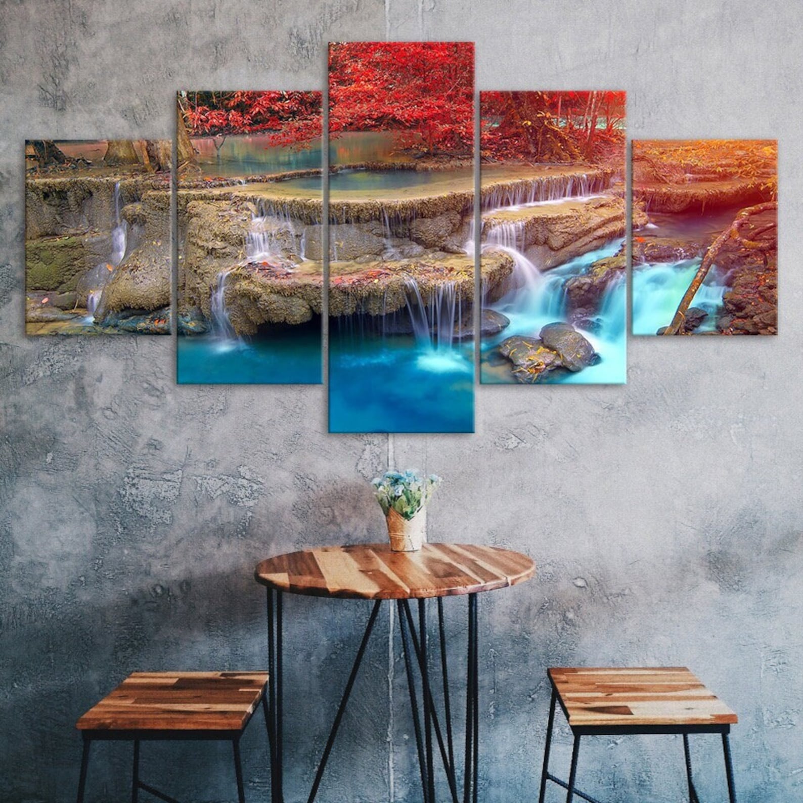 

Red Leaf Tree Waterfall Nature Scenery 5 Piece Five Panel Wall Canvas Print Modern Art Poster Home Decor Gift For Him For Her 20X35 20X45 20X55CM
