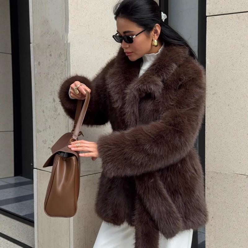 Womens Faux Fur Coat Mid-Length With Belted Waist Elegant Winter Outerwear In Black Coffee Beige
