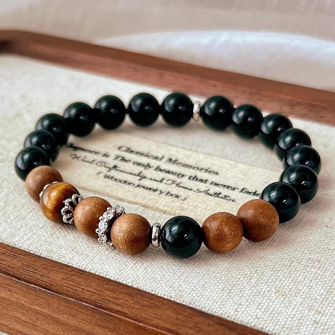 Vintage Maillard Style Natural Black Agate Tiger S Eye Stone Sandalwood Contrast Color Bracelet Bracelet